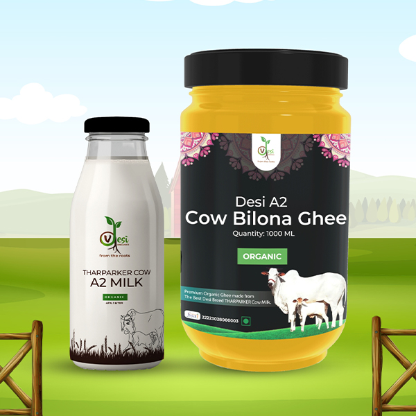 V-Desi A2 Bilona Ghee and A2 milk